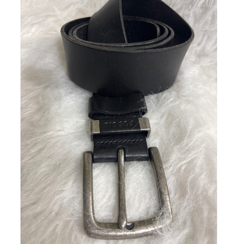 Fossil Belt Mens 38 Black Genuine Leather Silver Buckle Good Casual Well Made
